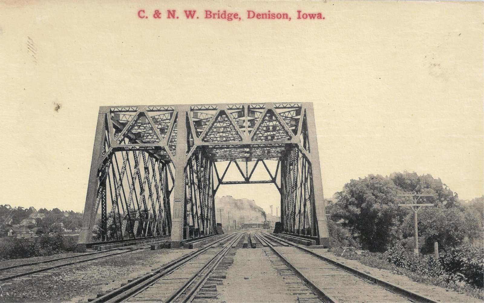 Historic postcard of bridge, looking east